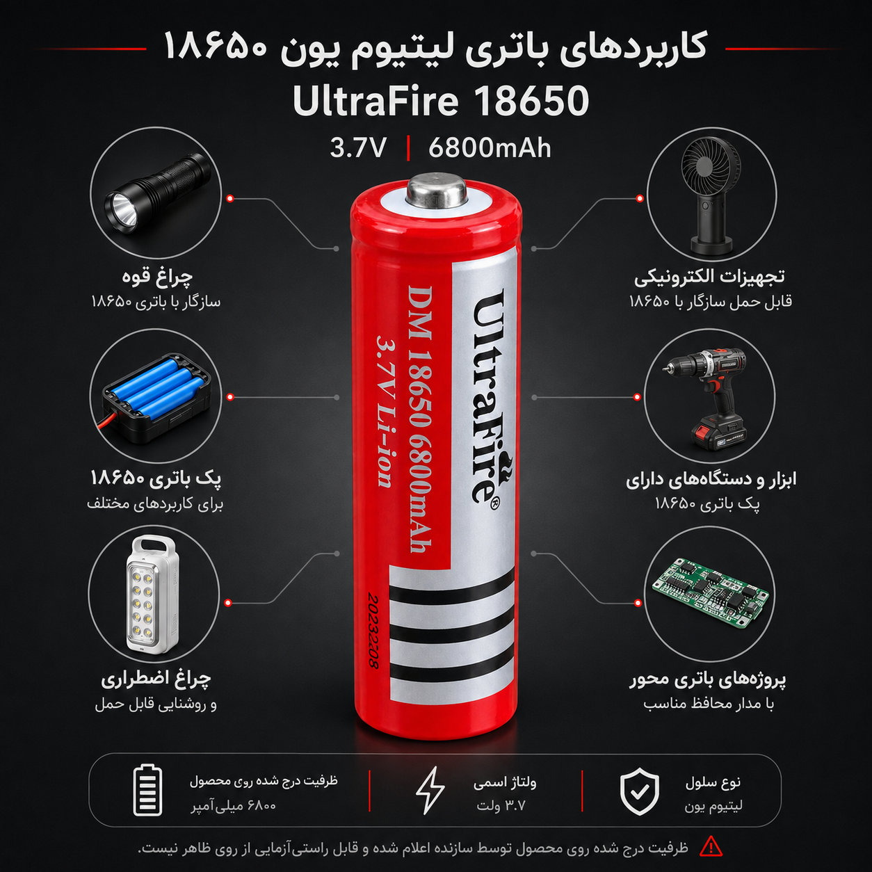 باتری لیتیوم یون 18650 اولترافایر 3.7 ولت 6800 میلیآمپر مدل DM 18650 - تصویر 2