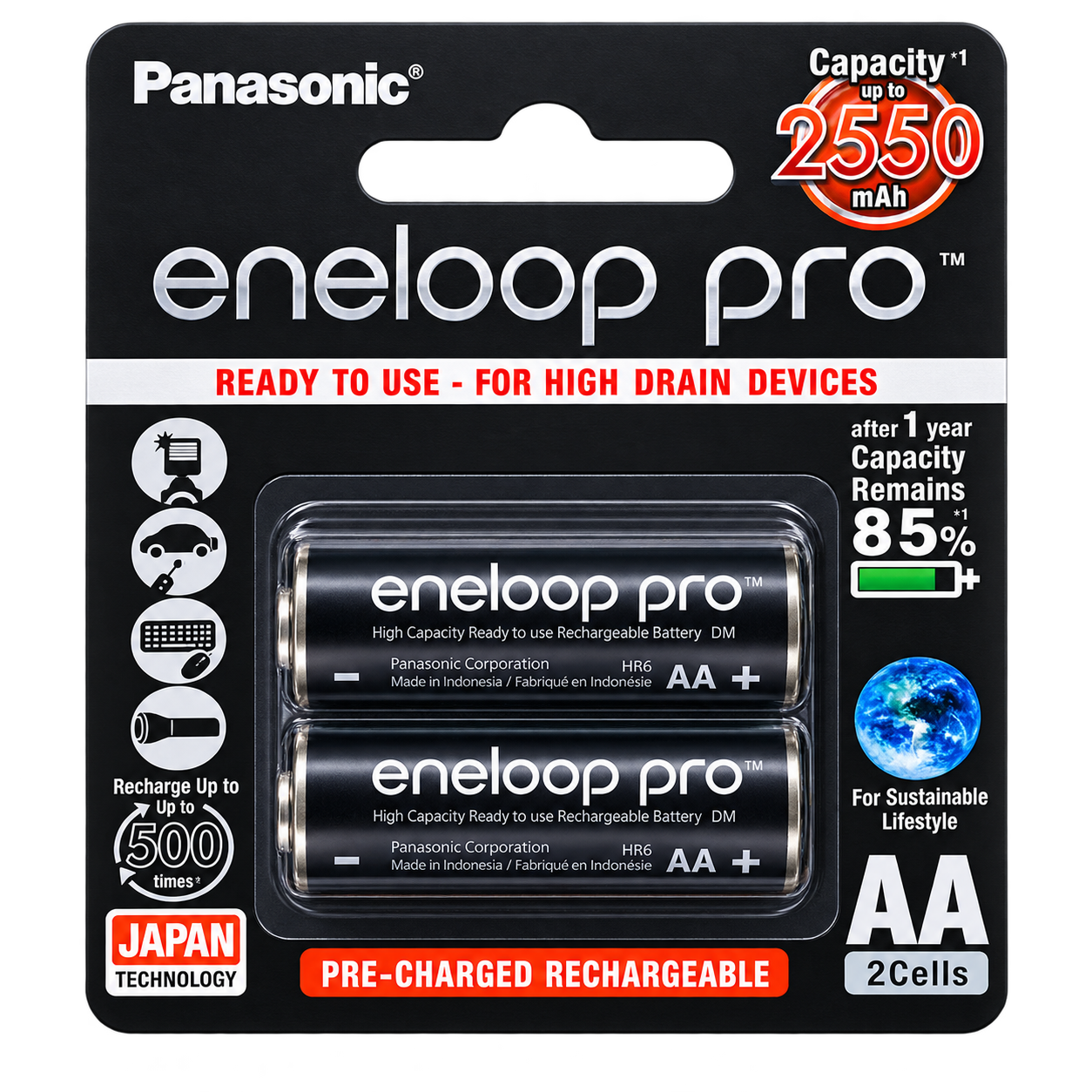 باتری قلمی شارژی پاناسونیک Eneloop Pro AA 1.2 ولت 2550 میلیآمپر بسته 2 عددی