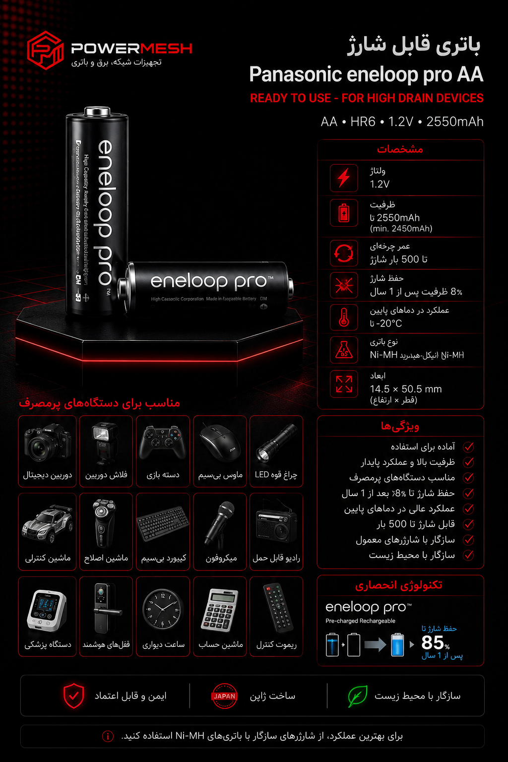 باتری قلمی شارژی پاناسونیک Eneloop Pro AA 1.2 ولت 2550 میلیآمپر بسته 2 عددی