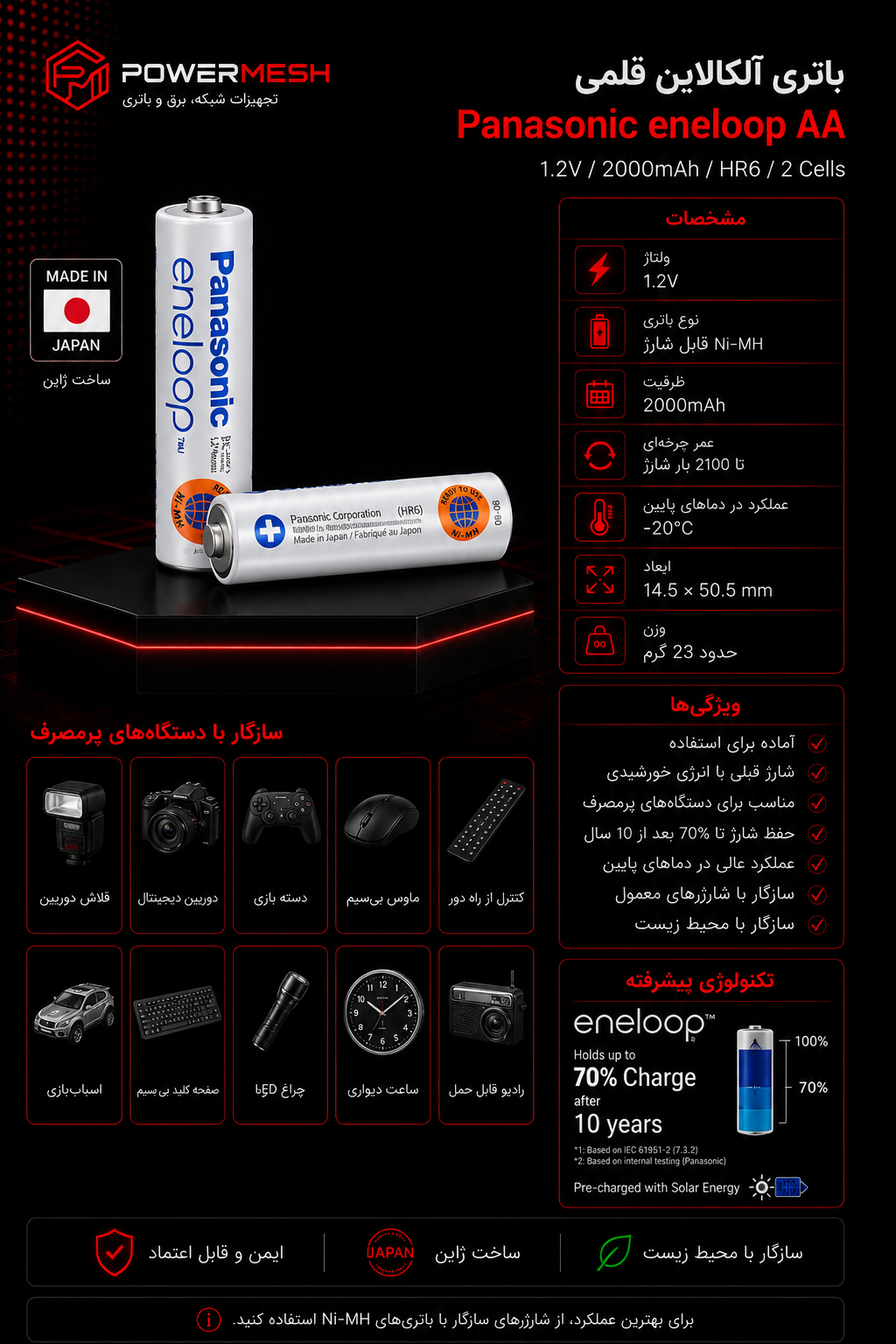 باتری قلمی شارژی پاناسونیک Eneloop AA 1.2 ولت 2000 میلیآمپر بسته 2 عددی