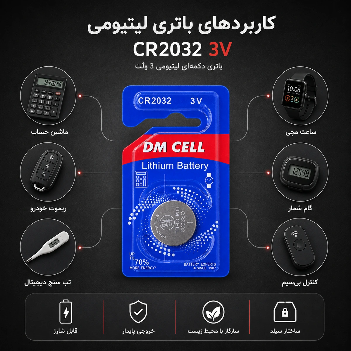 باتری سکه ای لیتیومی 3 ولت DM CELL مدل CR2032 - تصویر 2