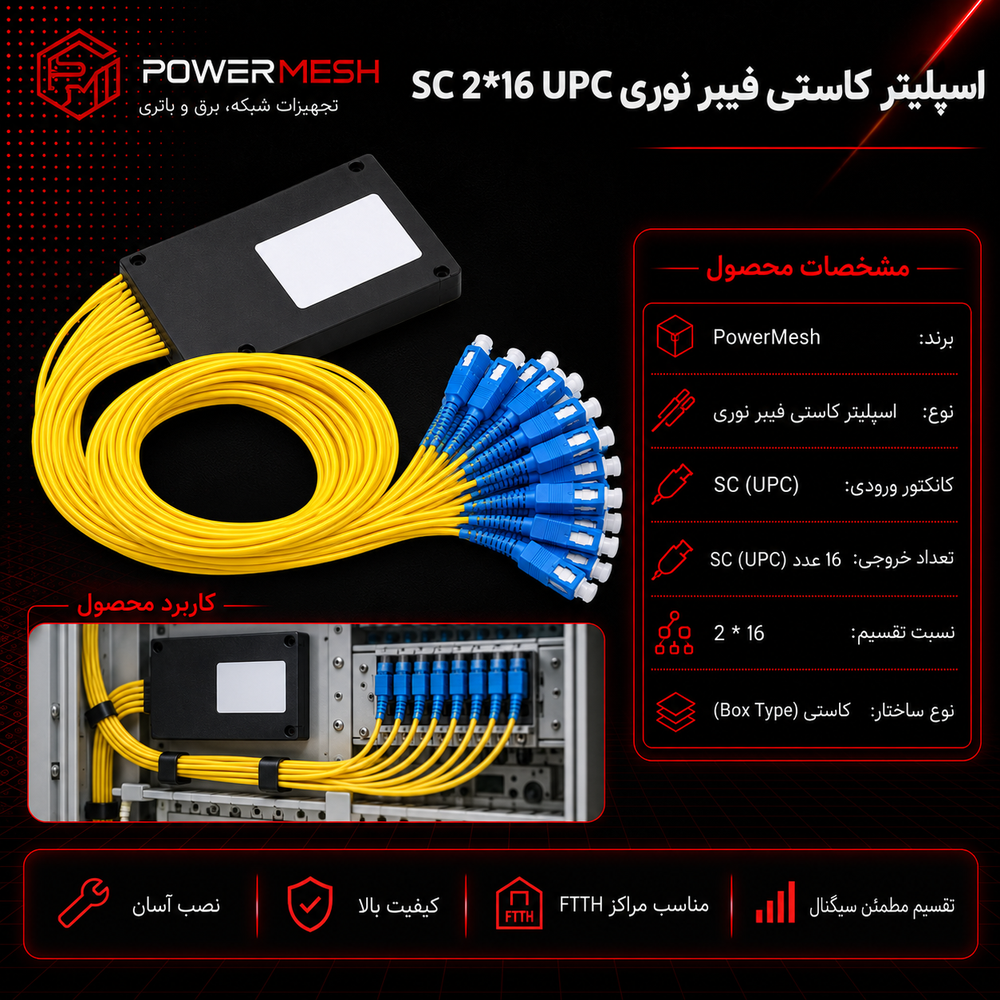 اسپلیتر کاستی فیبر نوری SC UPC نسبت 2×16 - تصویر 2
